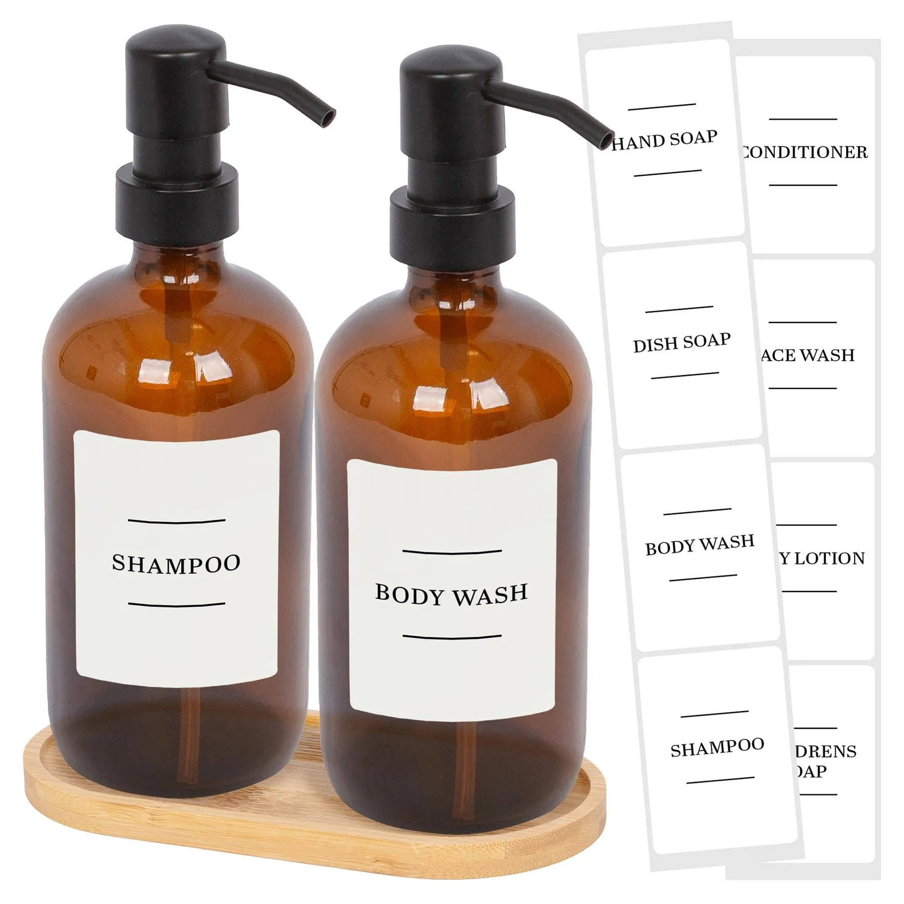 2pc Glass Soap Dispenser Set with Bamboo Tray & Labels - 500ml - By Harbour Housewares