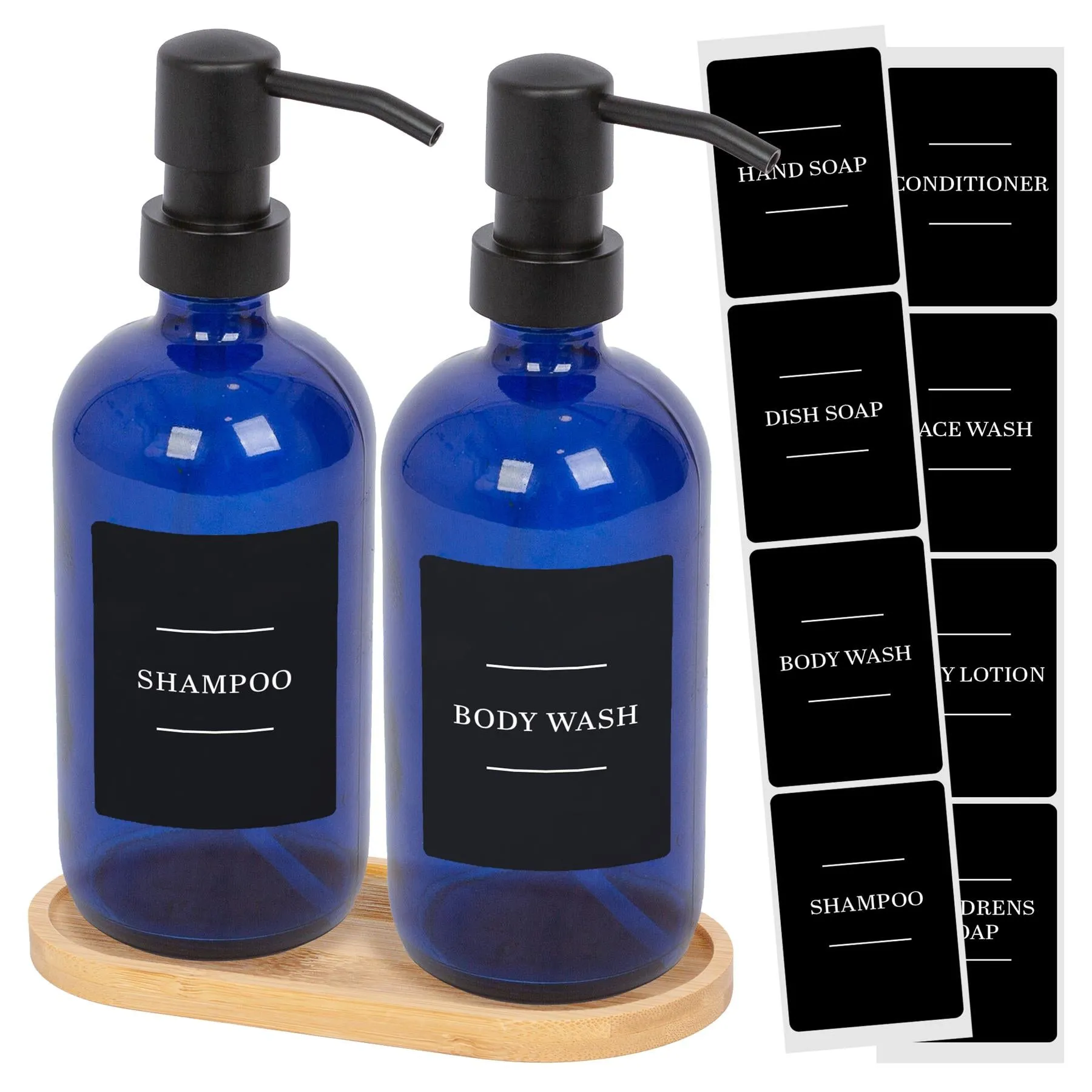 2pc Glass Soap Dispenser Set with Bamboo Tray & Labels - 500ml - By Harbour Housewares