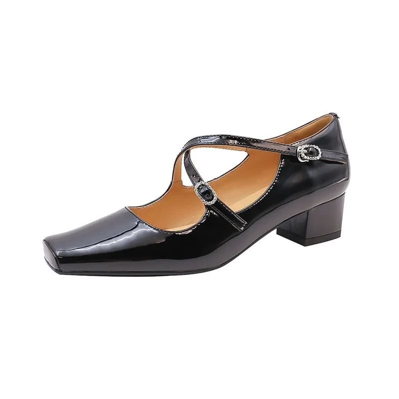 45mm Double-strap Mary Jane Pumps Handmade Leather in Black/Beige/Apricot