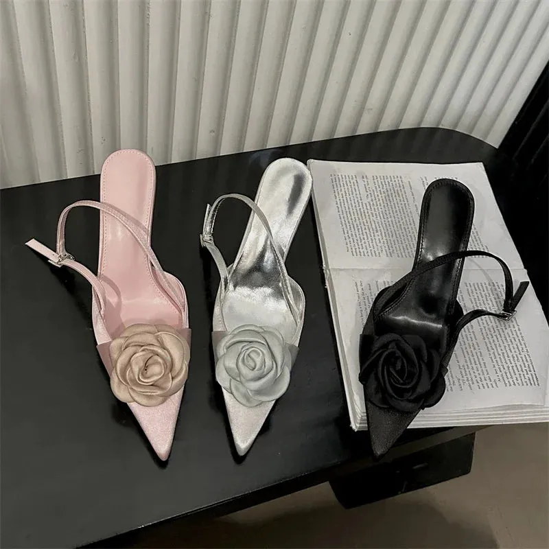 Advbridge  Fashion Thin High Heels Buckle Strap Women Pumps Sexy Flower Pointed Toe Mules Shoes Elegant Banquet  Prom Sandals