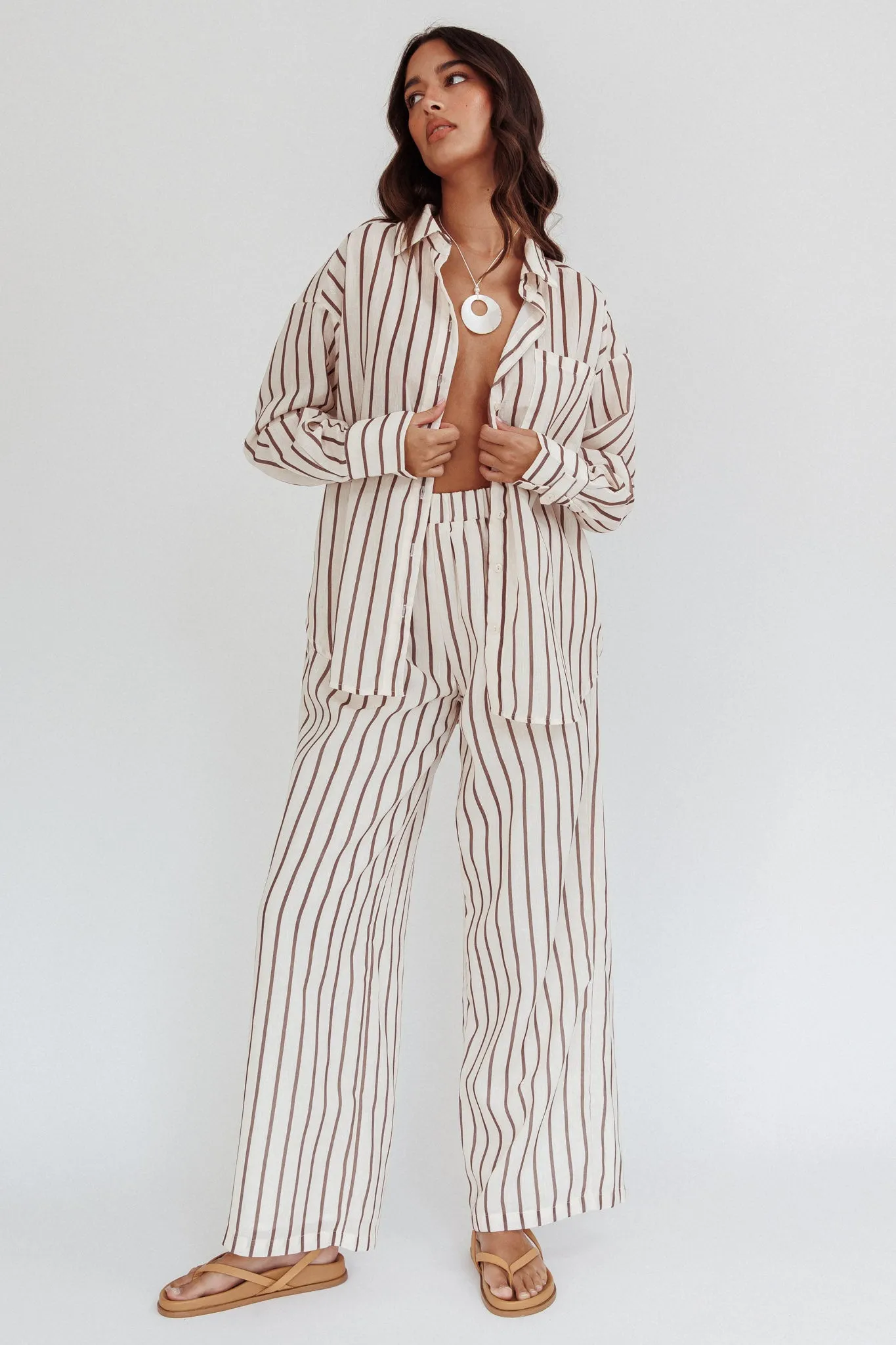 Alex Elastic Waist Pants Stripe Latte