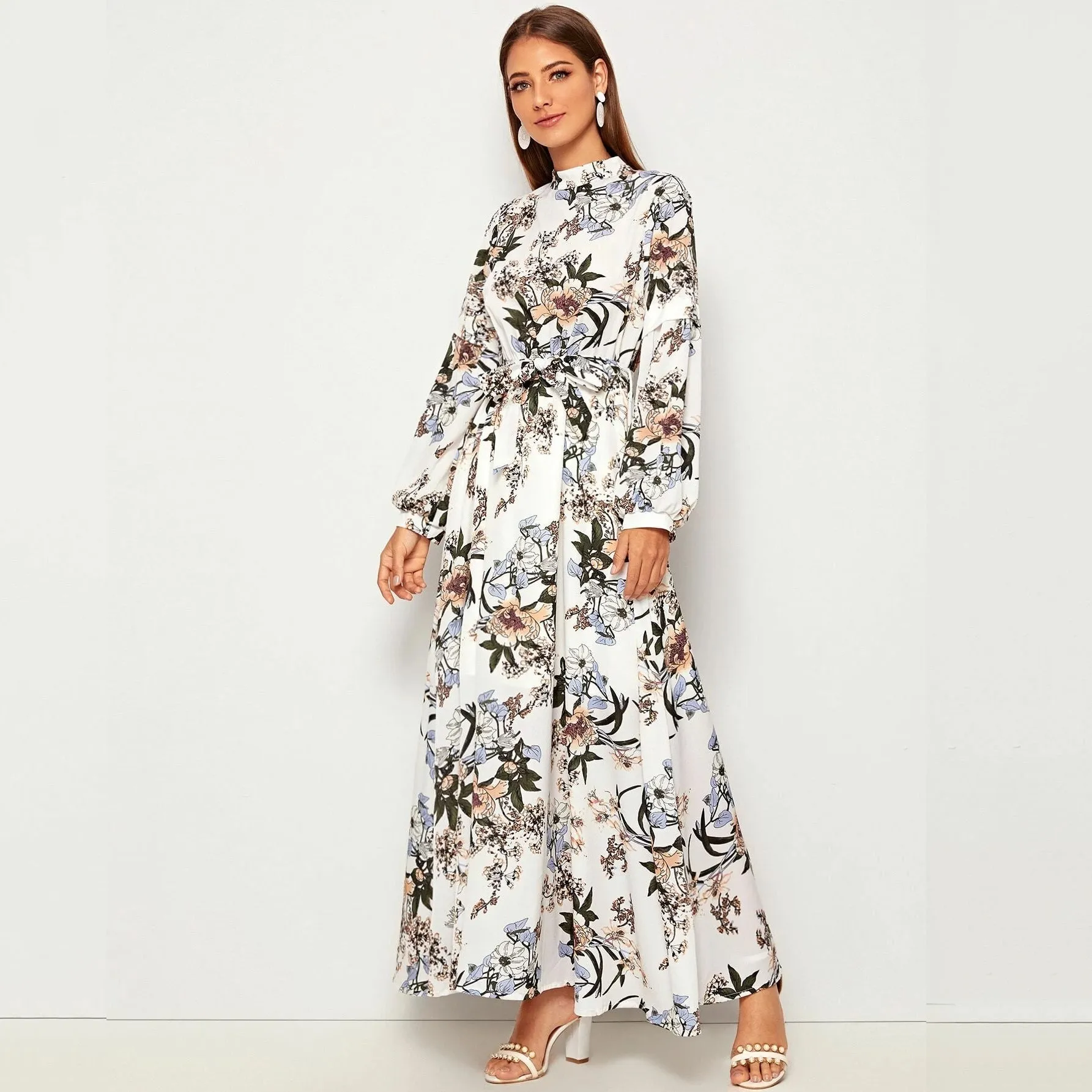 Allover Floral Print Self Tie Swing Maxi Dress