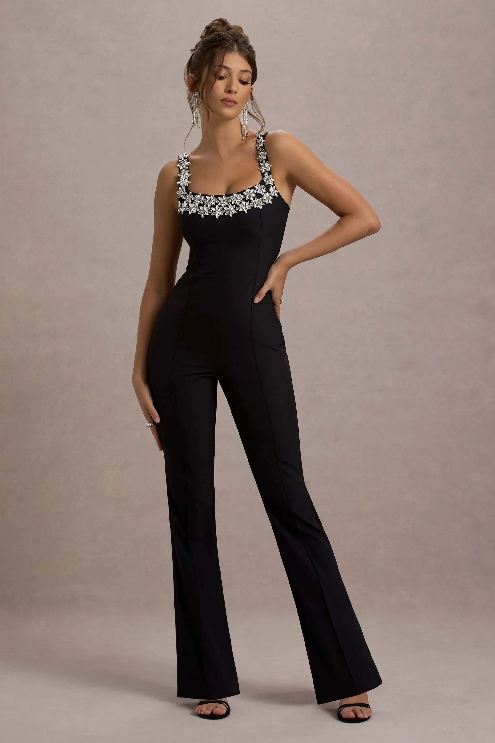 Amadi Womens Black Strappy Flared-Leg Jumpsuit with Embellishments