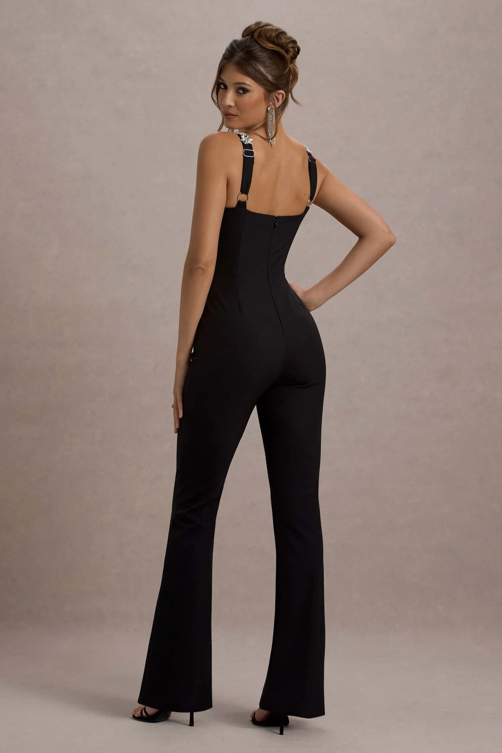 Amadi Womens Black Strappy Flared-Leg Jumpsuit with Embellishments