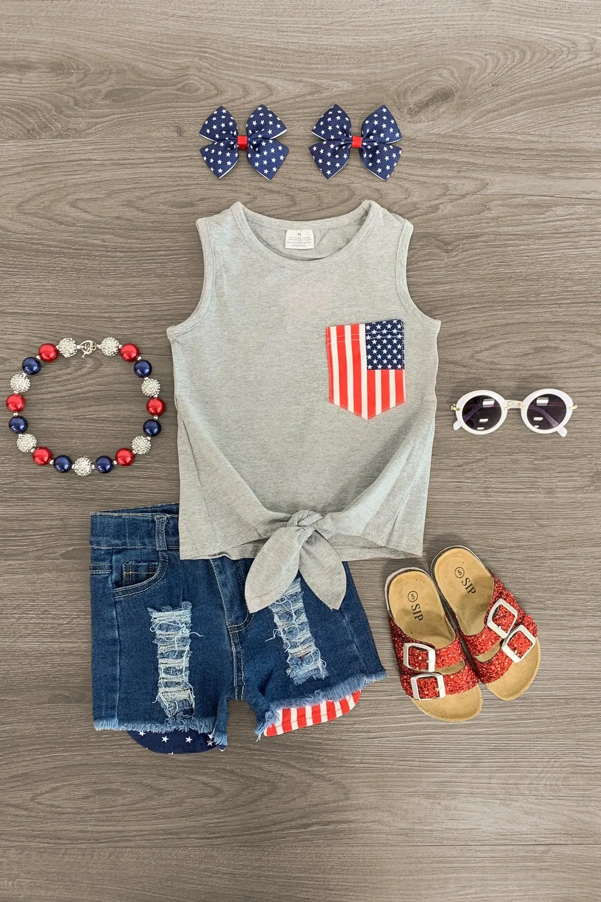 American Flag Pocket Tie Top Denim Short Set