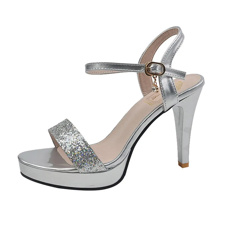 Amozae Gold Silver Glitter High Heel Sandals for Women Summer 2023 Ankle Strap Platform Pumps Woman Stiletto Heeled Party Shoes