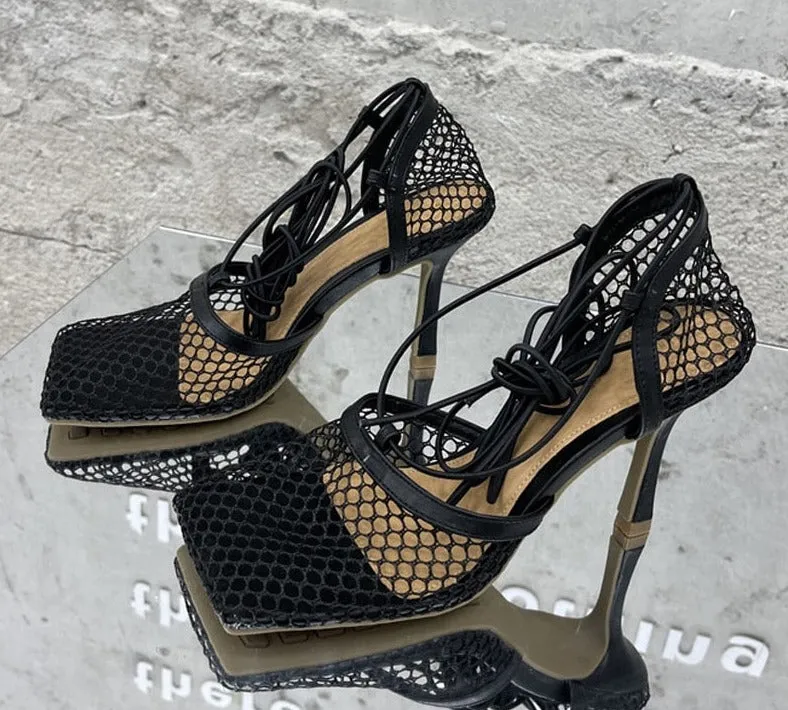 Amozae New   Yellow Mesh Pumps Sandals Female Square Toe high heel Lace Up Cross-tied Stiletto hollow Dress shoes