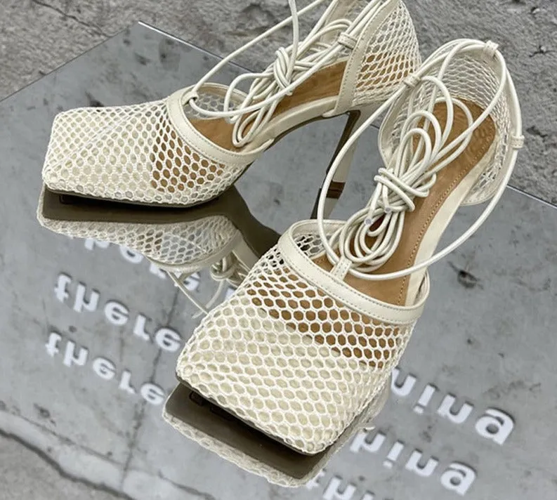 Amozae New   Yellow Mesh Pumps Sandals Female Square Toe high heel Lace Up Cross-tied Stiletto hollow Dress shoes