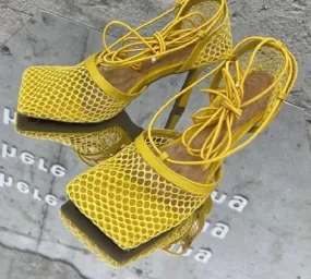 Amozae New   Yellow Mesh Pumps Sandals Female Square Toe high heel Lace Up Cross-tied Stiletto hollow Dress shoes