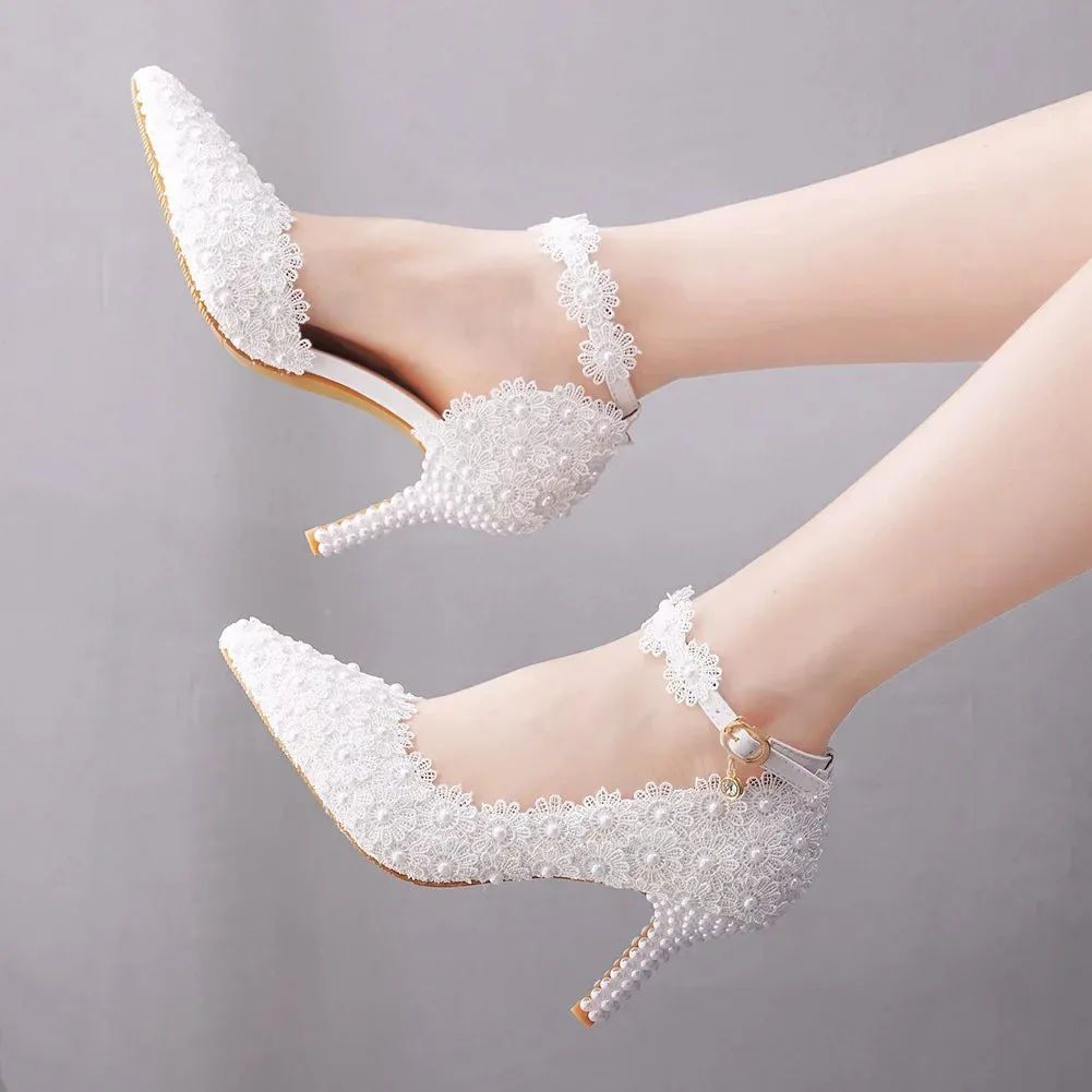 arwen & ajh group  مجموعة اروين  Bridal sandals Pointed-toe High Thin Heel White Lace  Ladies Summer Sandals Women Pumps Women Wedding Shoes