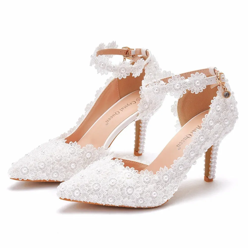 arwen & ajh group  مجموعة اروين  Bridal sandals Pointed-toe High Thin Heel White Lace  Ladies Summer Sandals Women Pumps Women Wedding Shoes