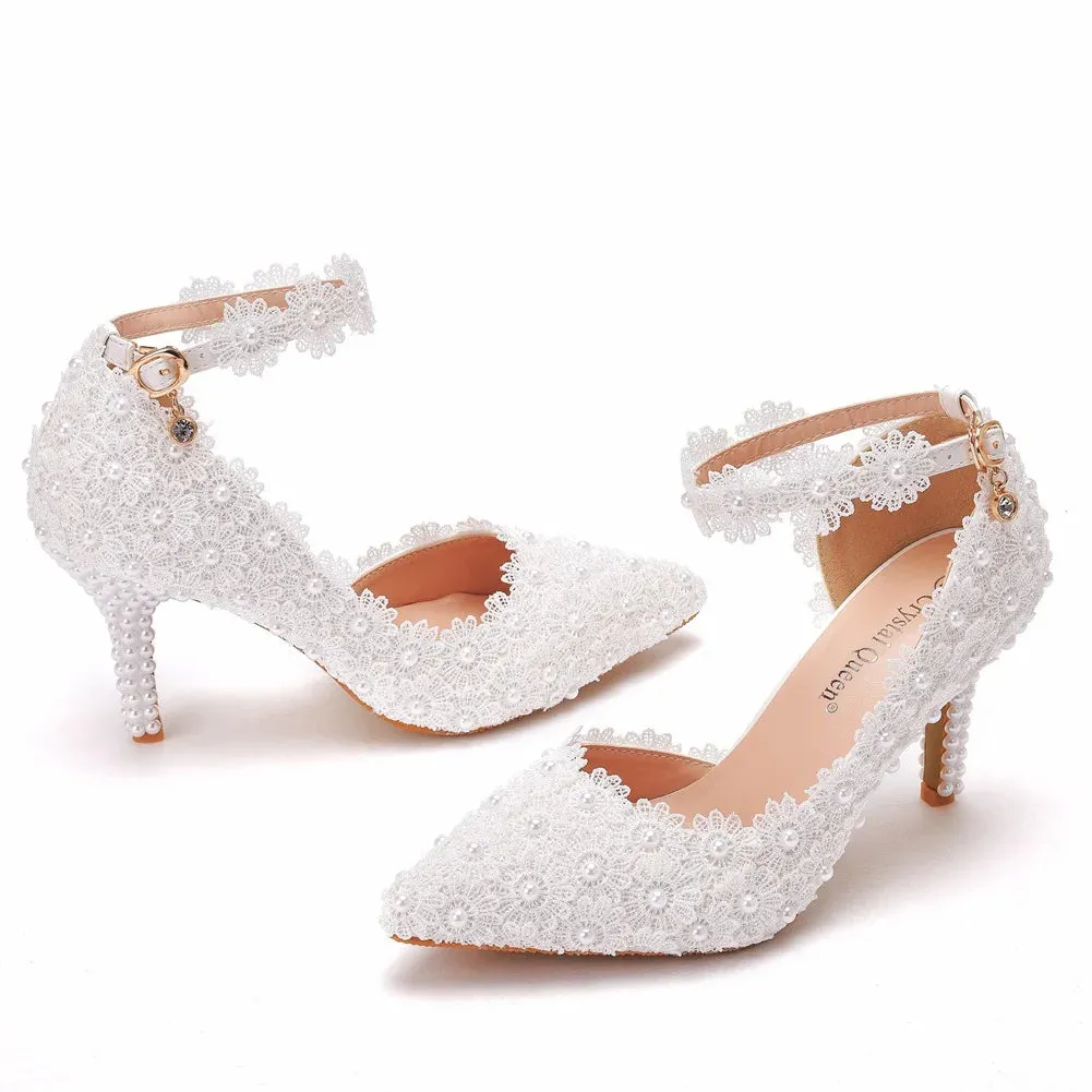 arwen & ajh group  مجموعة اروين  Bridal sandals Pointed-toe High Thin Heel White Lace  Ladies Summer Sandals Women Pumps Women Wedding Shoes