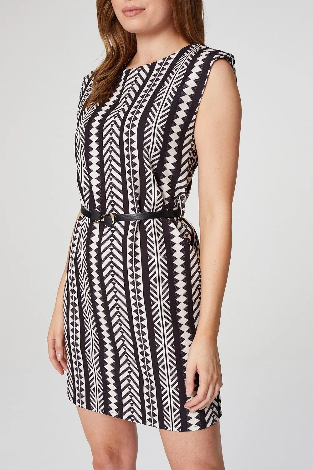 Aztec Print Power Shoulder Shift Dress