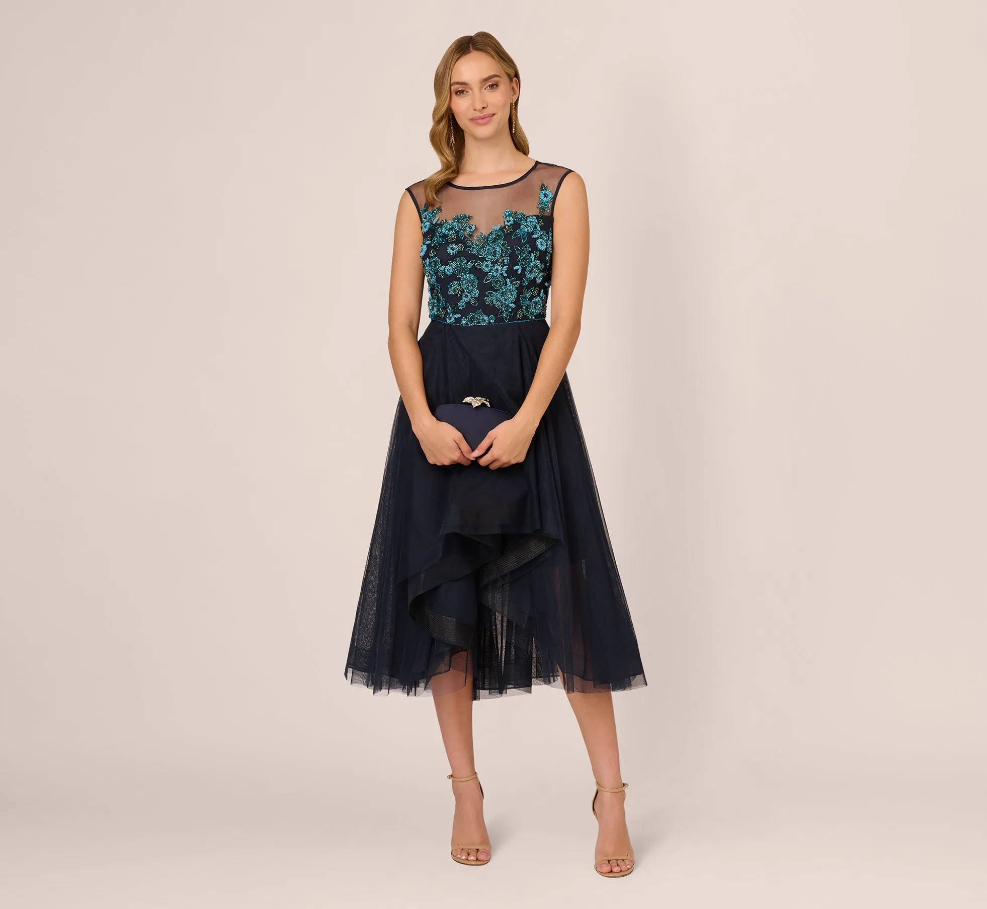 Beaded Midi Dress With Tulle Skirt In Midnight Multi