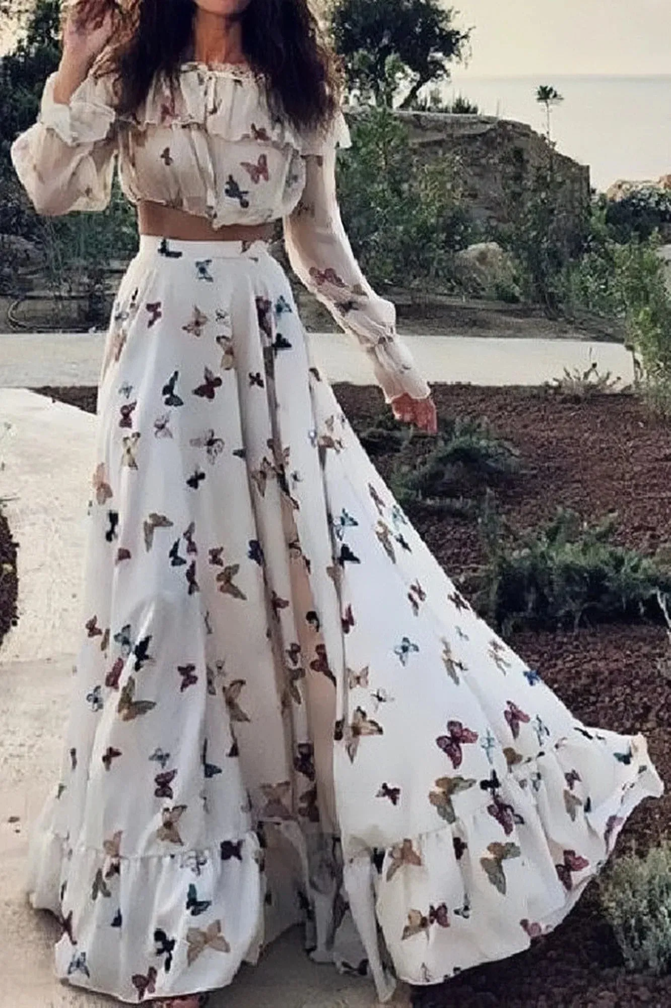 BerryBetty - Butterfly Print Two Piece Boho Maxi Dress