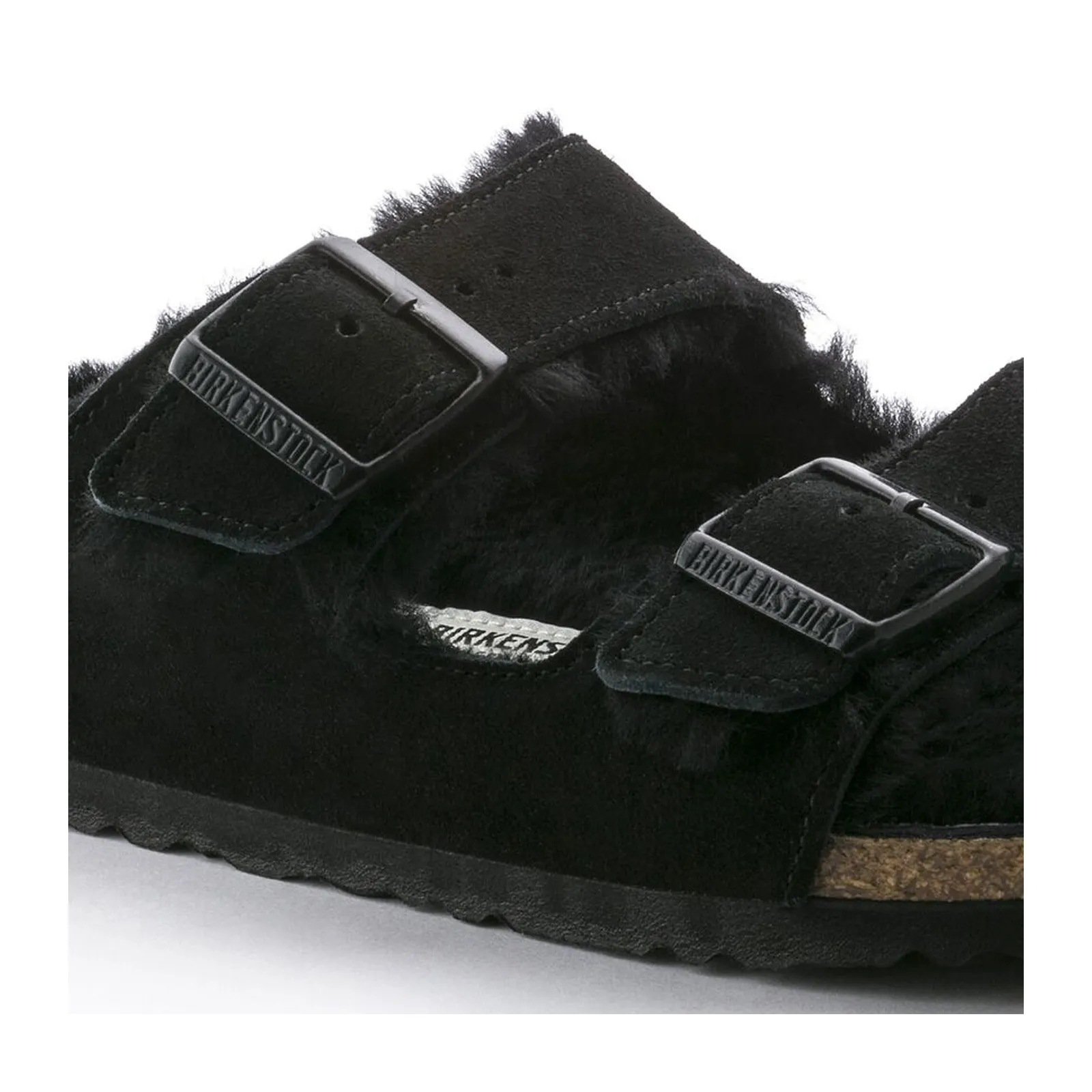 Birkenstock Arizona Slide Sandal (Women) - Black Suede/Black Shearling