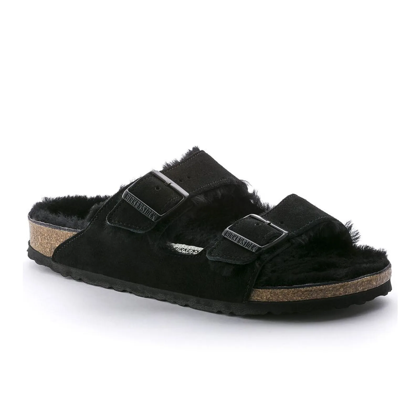 Birkenstock Arizona Slide Sandal (Women) - Black Suede/Black Shearling