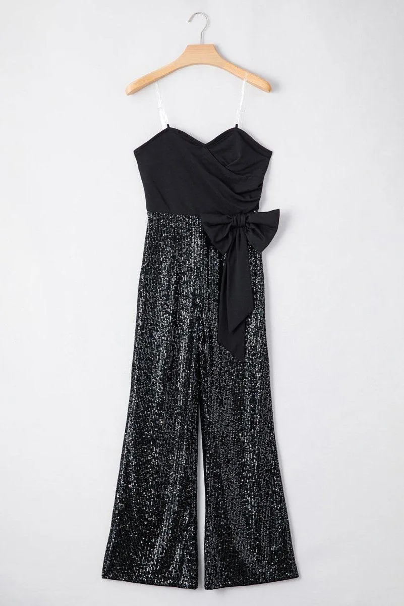 Black Sequined Strapless Wide Leg Jumpsuit