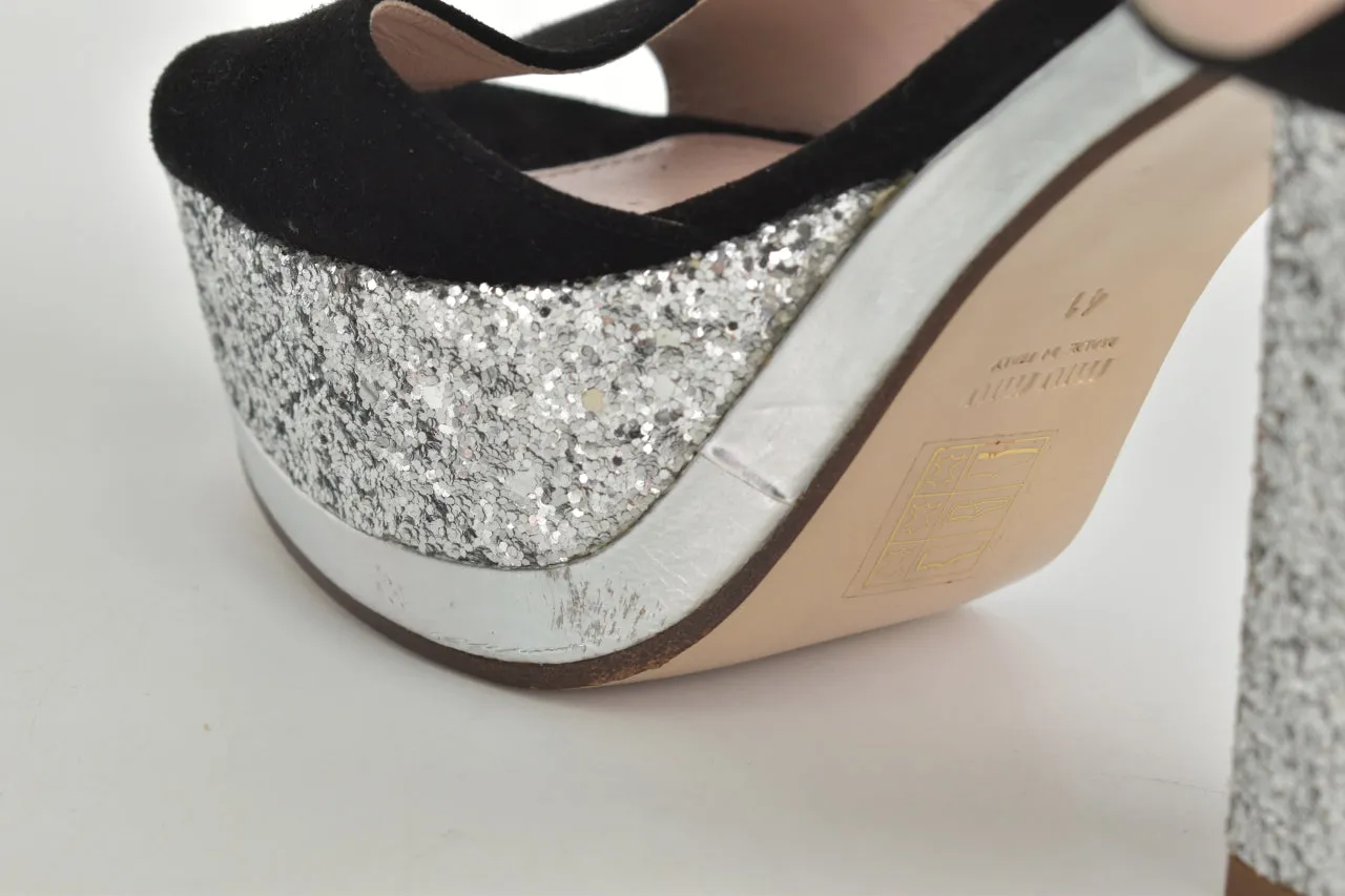 Black/Silver Glittery Ankle Strap Pumps