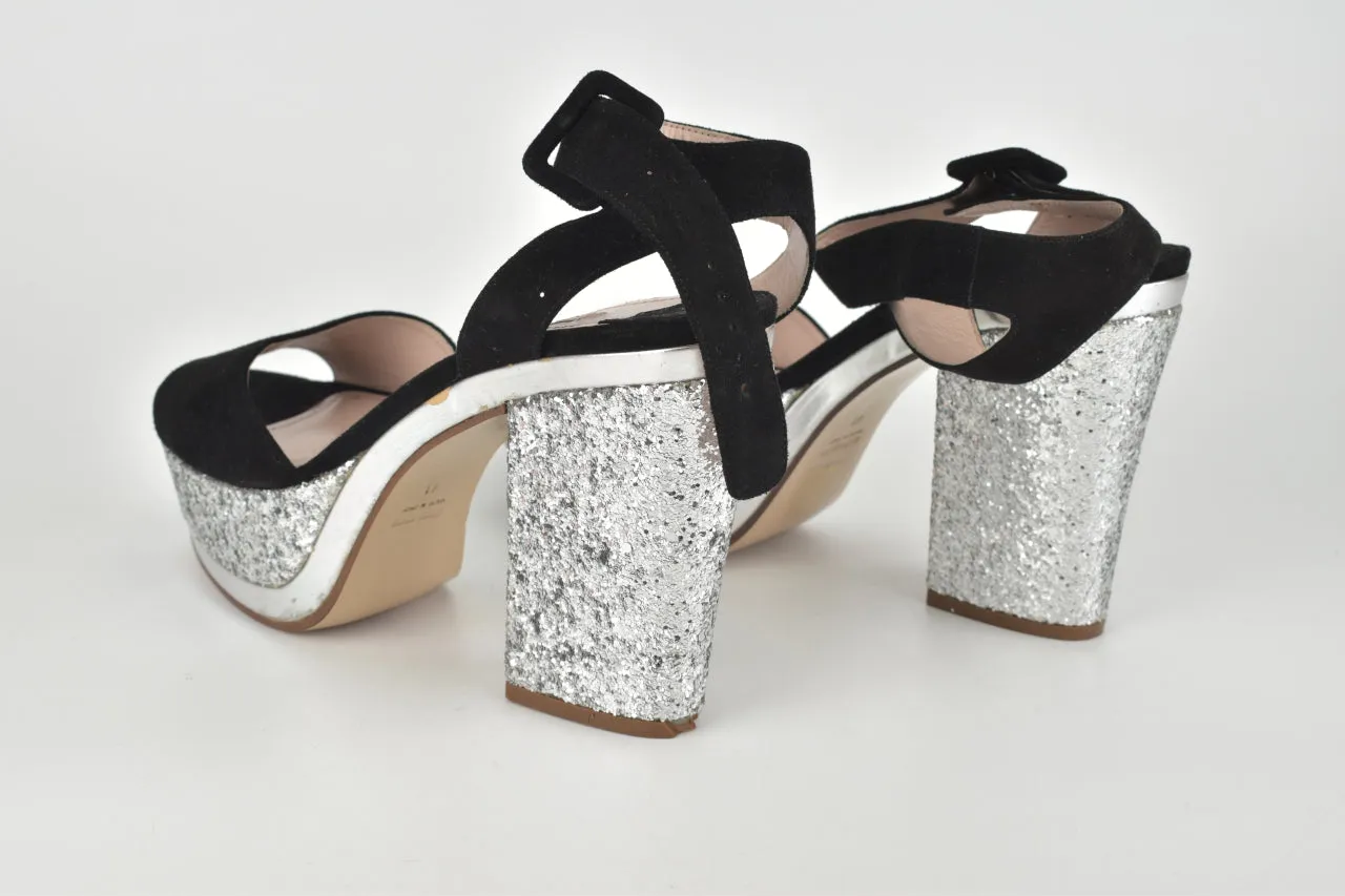 Black/Silver Glittery Ankle Strap Pumps