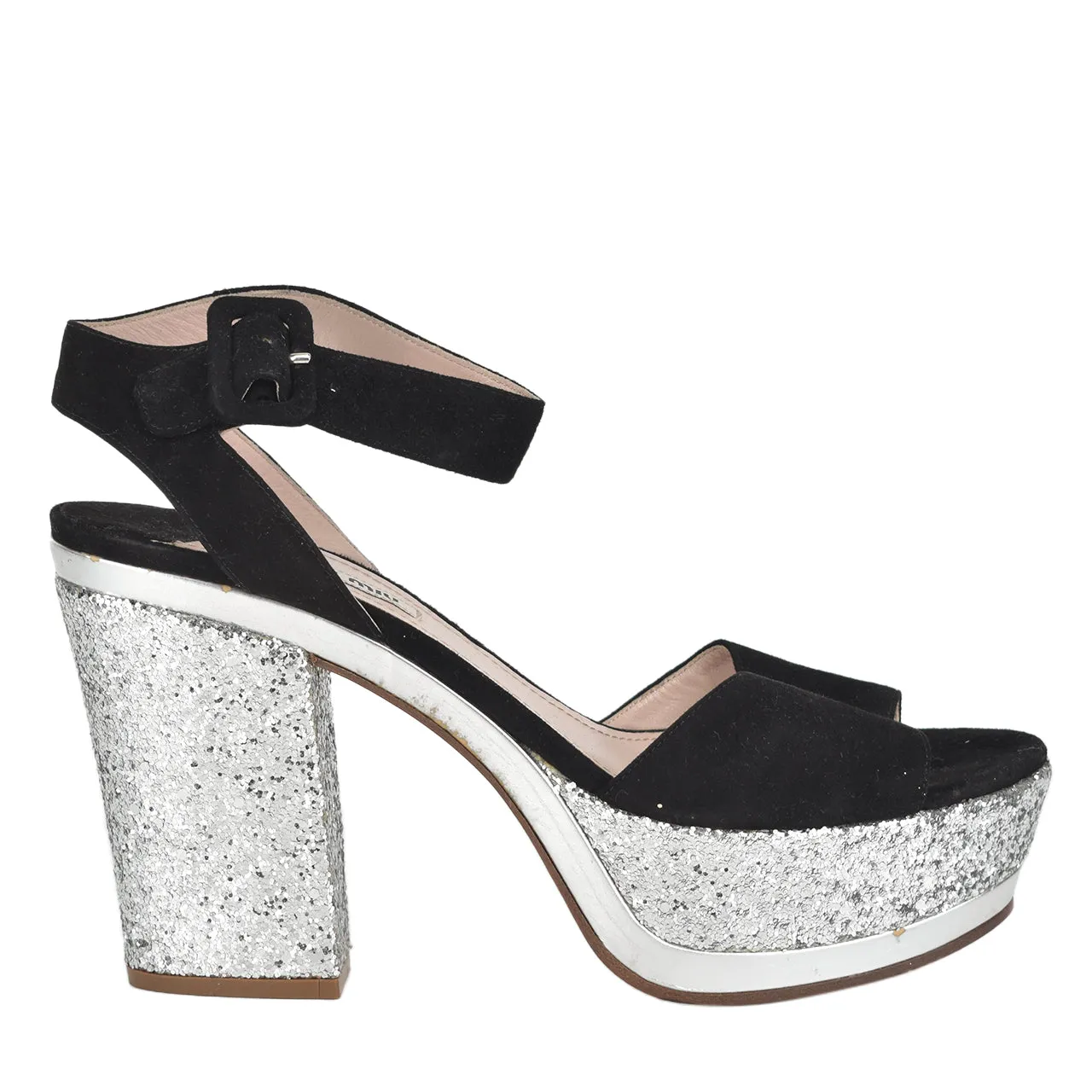 Black/Silver Glittery Ankle Strap Pumps