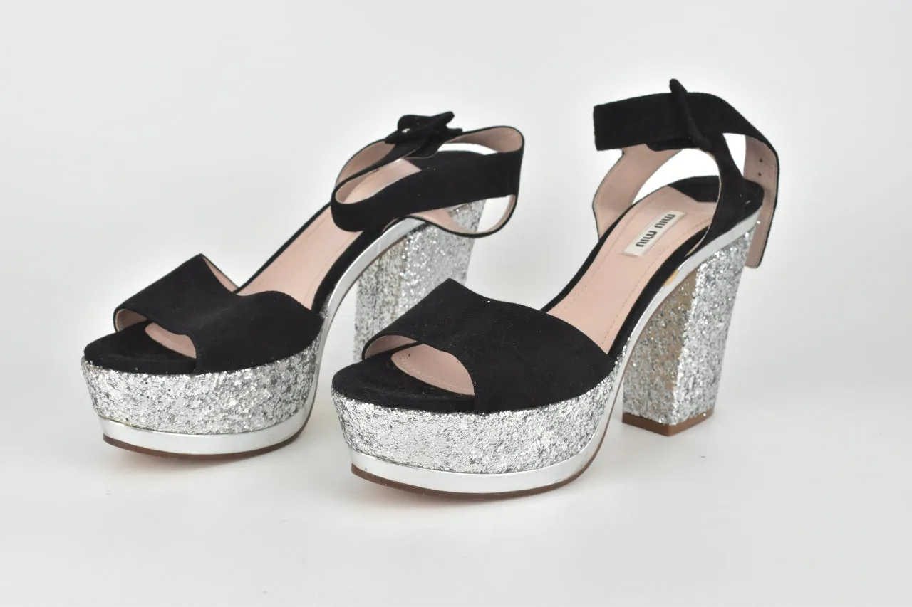 Black/Silver Glittery Ankle Strap Pumps