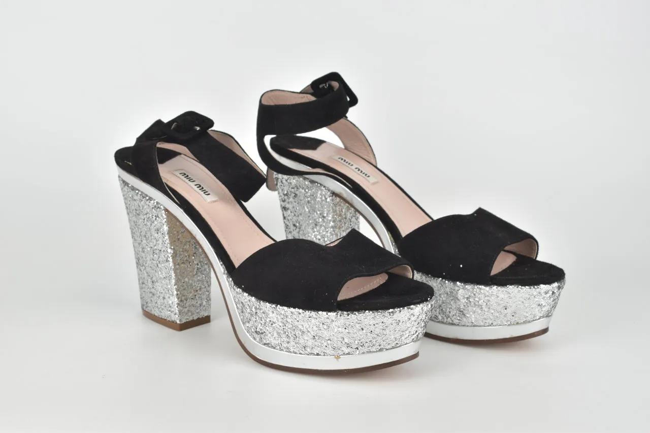 Black/Silver Glittery Ankle Strap Pumps