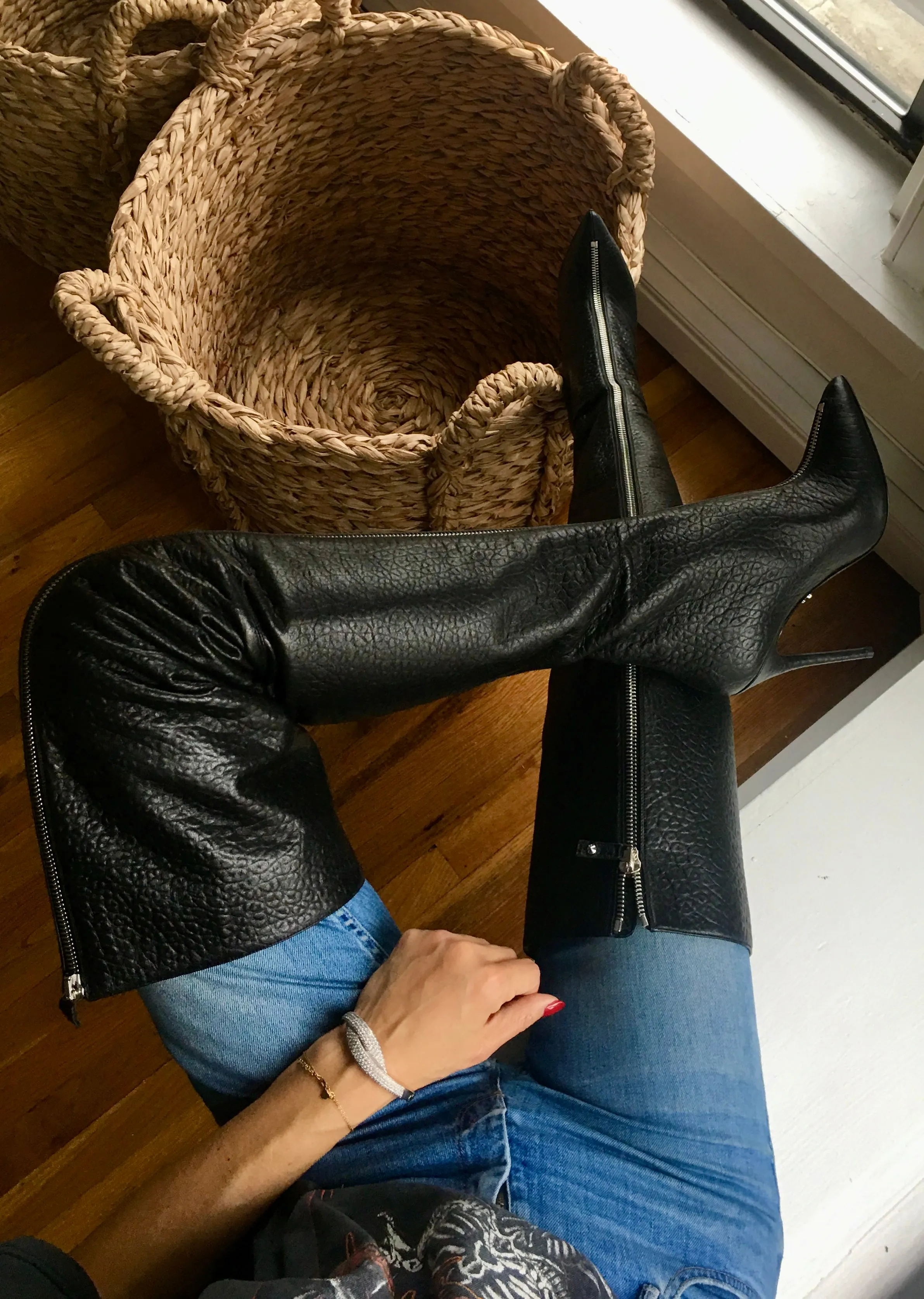 BLAIR MEDIUM BLACK LEATHER SILVER ZIP THIGH-HIGH BOOTS