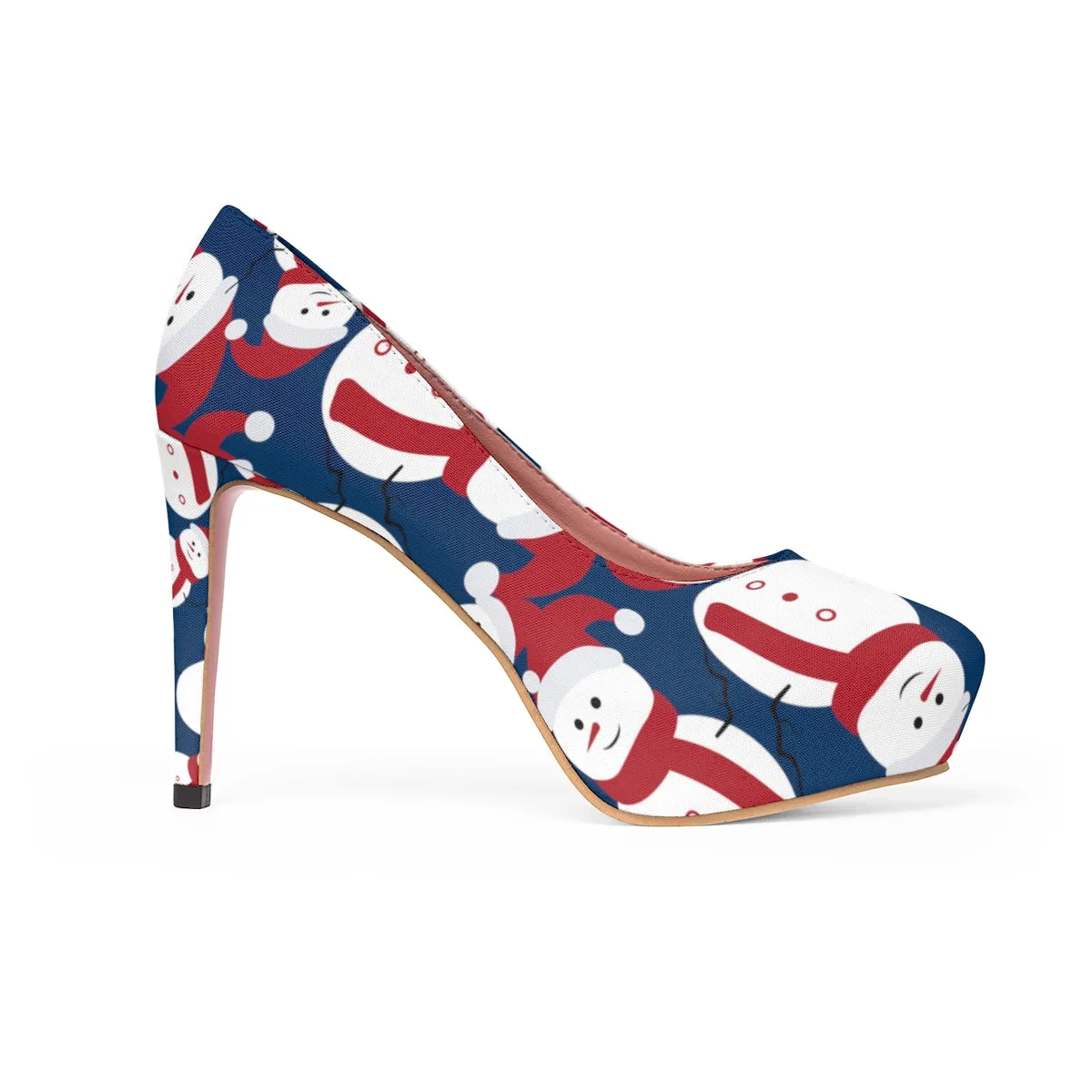 Blue Christmas Heels, Navy Blue Red White Snowman Festive Xmas Women's Platform Heels