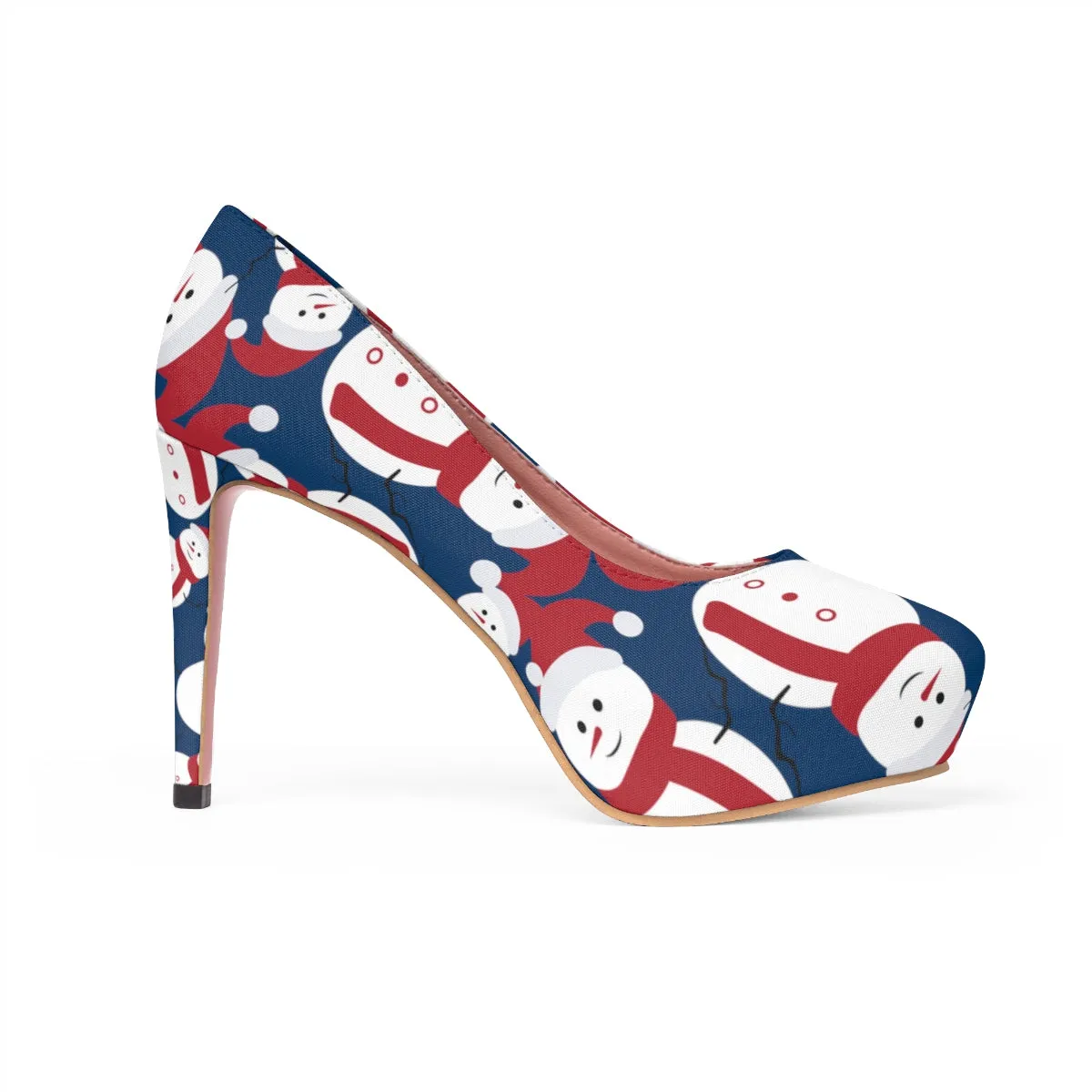 Blue Christmas Heels, Navy Blue Red White Snowman Festive Xmas Women's Platform Heels