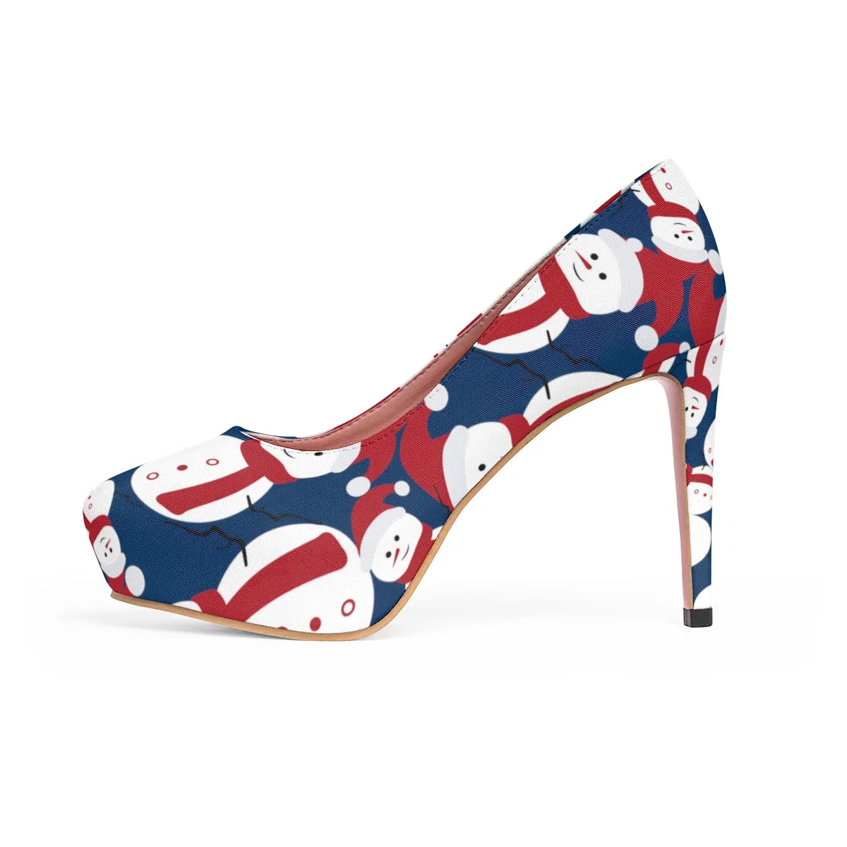 Blue Christmas Heels, Navy Blue Red White Snowman Festive Xmas Women's Platform Heels