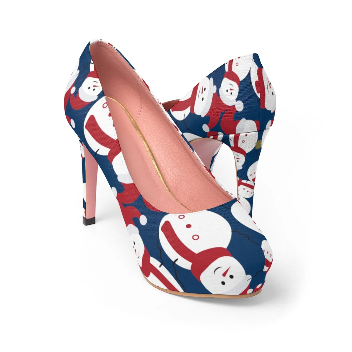 Blue Christmas Heels, Navy Blue Red White Snowman Festive Xmas Women's Platform Heels