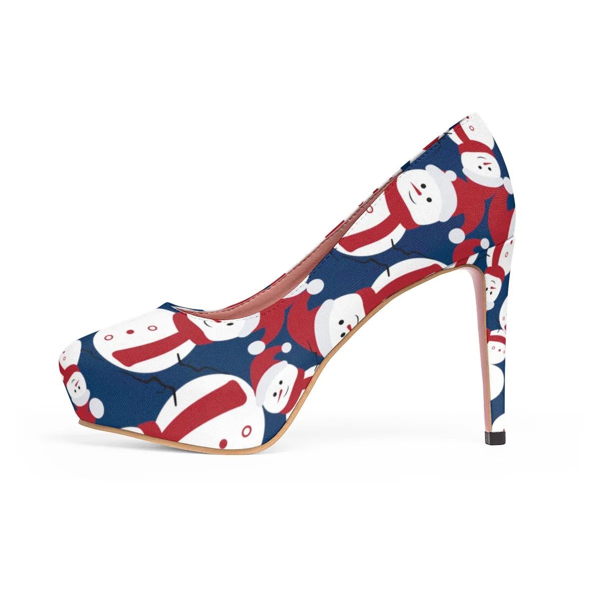 Blue Christmas Heels, Navy Blue Red White Snowman Festive Xmas Women's Platform Heels