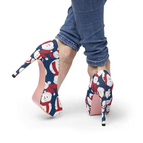 Blue Christmas Heels, Navy Blue Red White Snowman Festive Xmas Women's Platform Heels