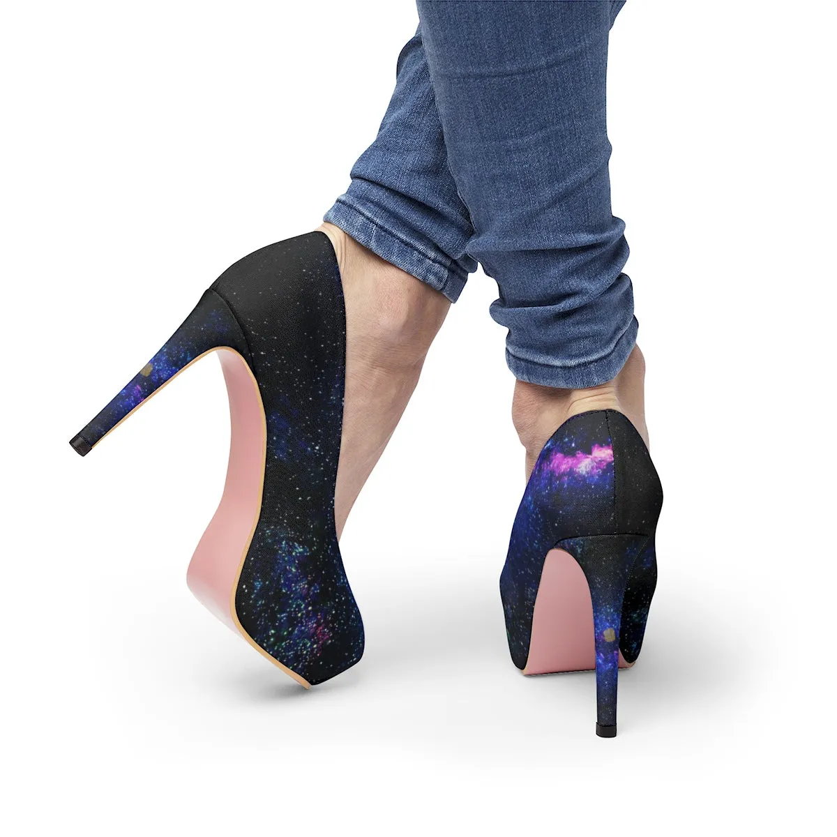 Blue Galaxy High Heels, Space Print Women's Platform Stiletto Pumps Shoes (US Size: 5-11)