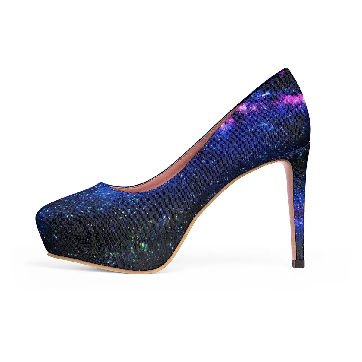 Blue Galaxy High Heels, Space Print Women's Platform Stiletto Pumps Shoes (US Size: 5-11)