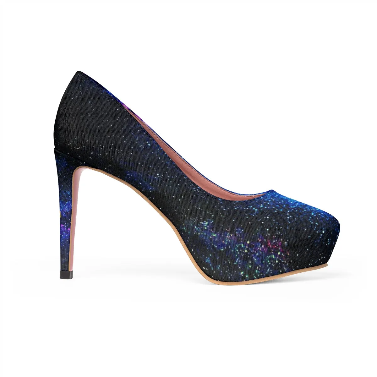 Blue Galaxy High Heels, Space Print Women's Platform Stiletto Pumps Shoes (US Size: 5-11)