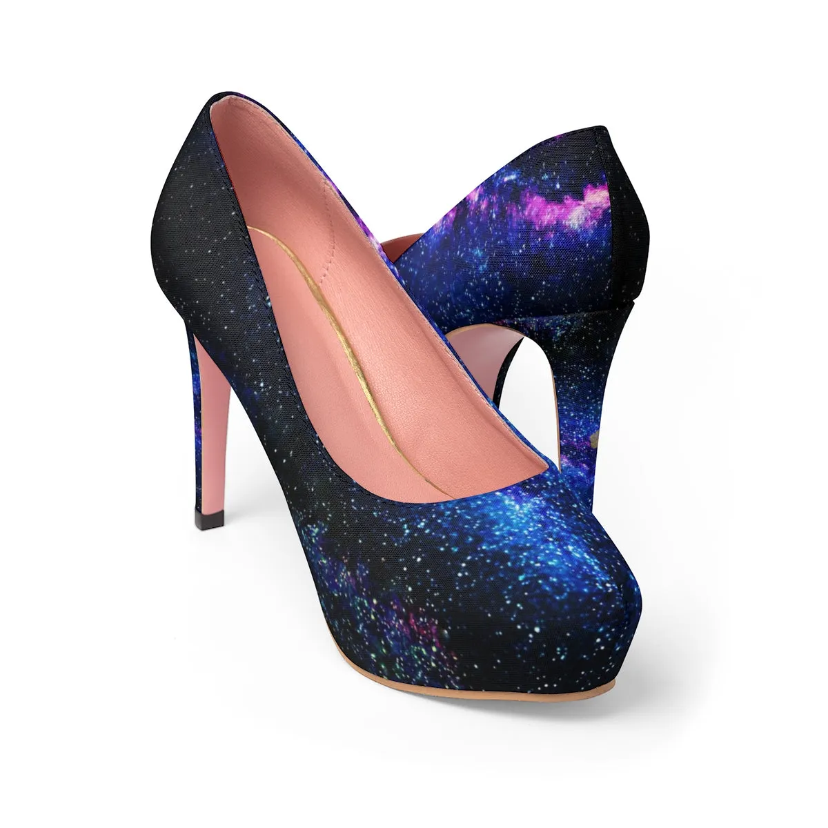 Blue Galaxy High Heels, Space Print Women's Platform Stiletto Pumps Shoes (US Size: 5-11)