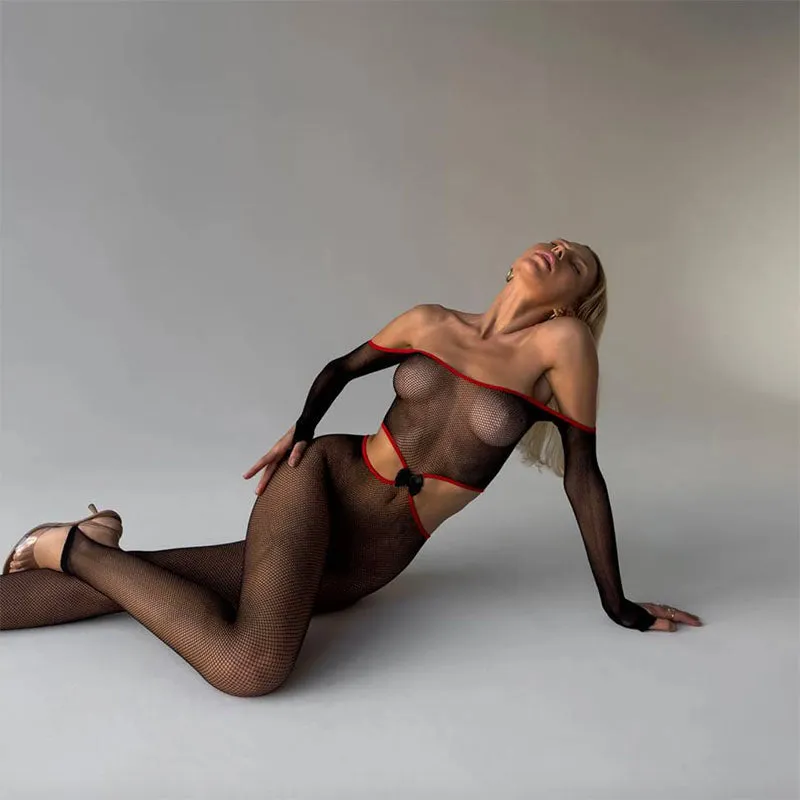 BROOKLYN Off Shoulder Stirrup Fishnet Bodystocking