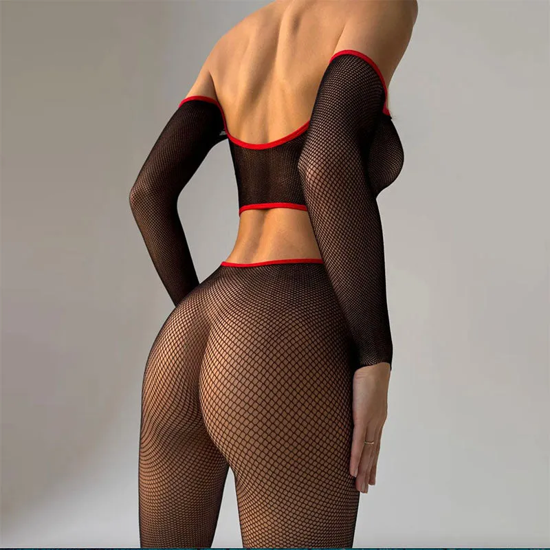 BROOKLYN Off Shoulder Stirrup Fishnet Bodystocking