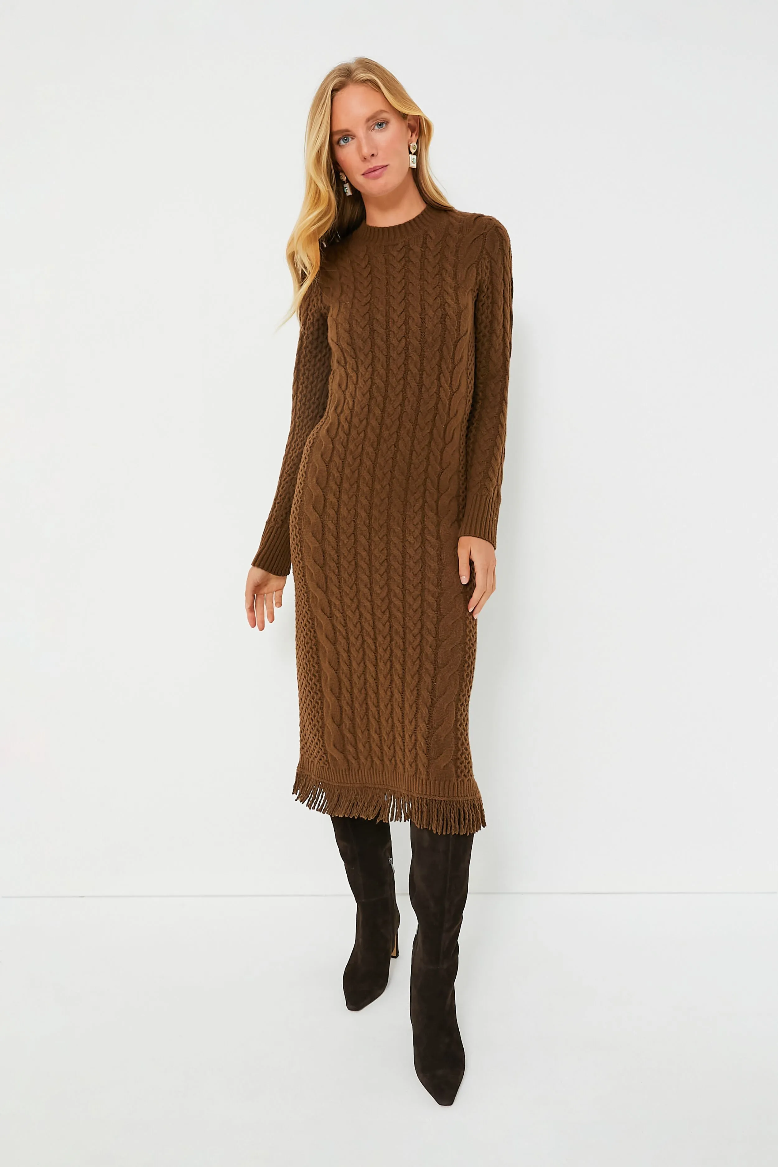 Brown Freya Fringe Sweater Dress