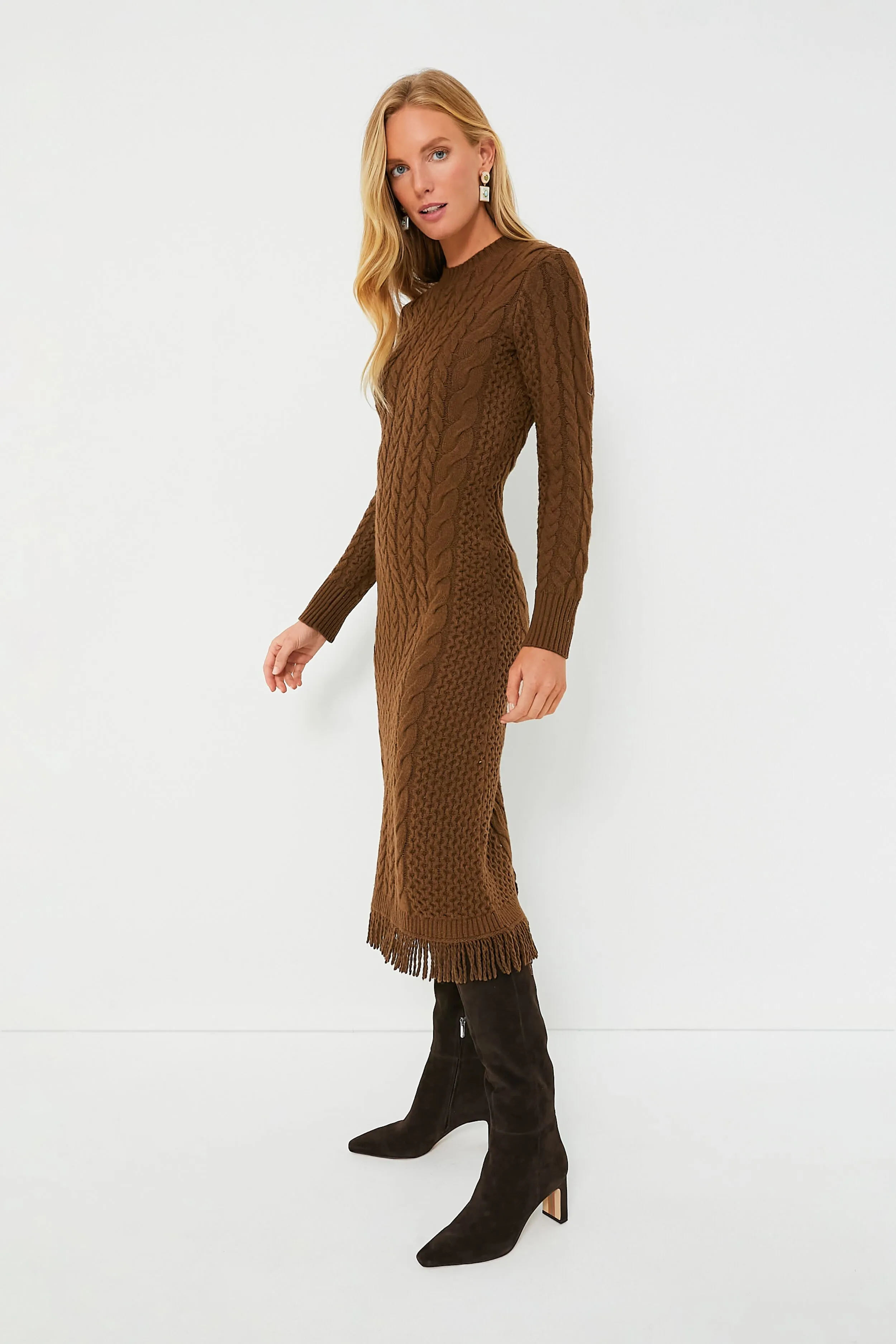 Brown Freya Fringe Sweater Dress