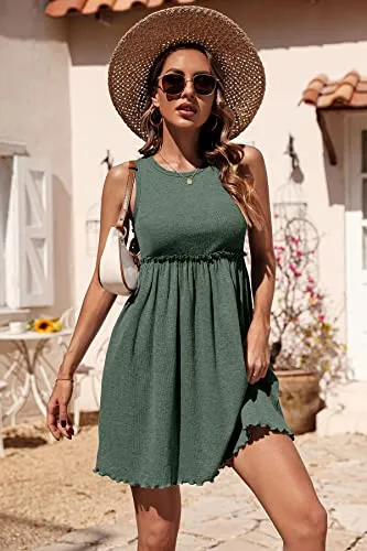 BTFBM Women Sleeveless Summer Dress 2023 Crewneck Ribbed Knit Ruffle Swing Button Down Beach Sun Mini Tank Short Dresses(Solid Army Green, Medium)