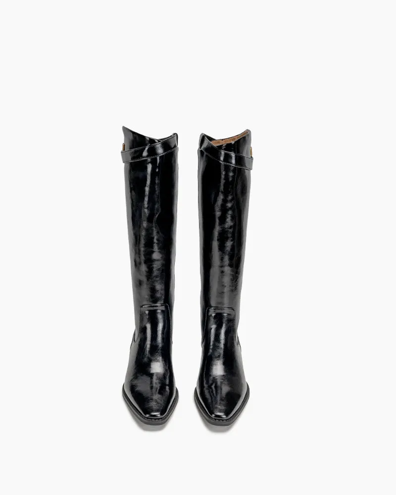 Buckle Detail Knee High Elastic Low Heel Riding Boots