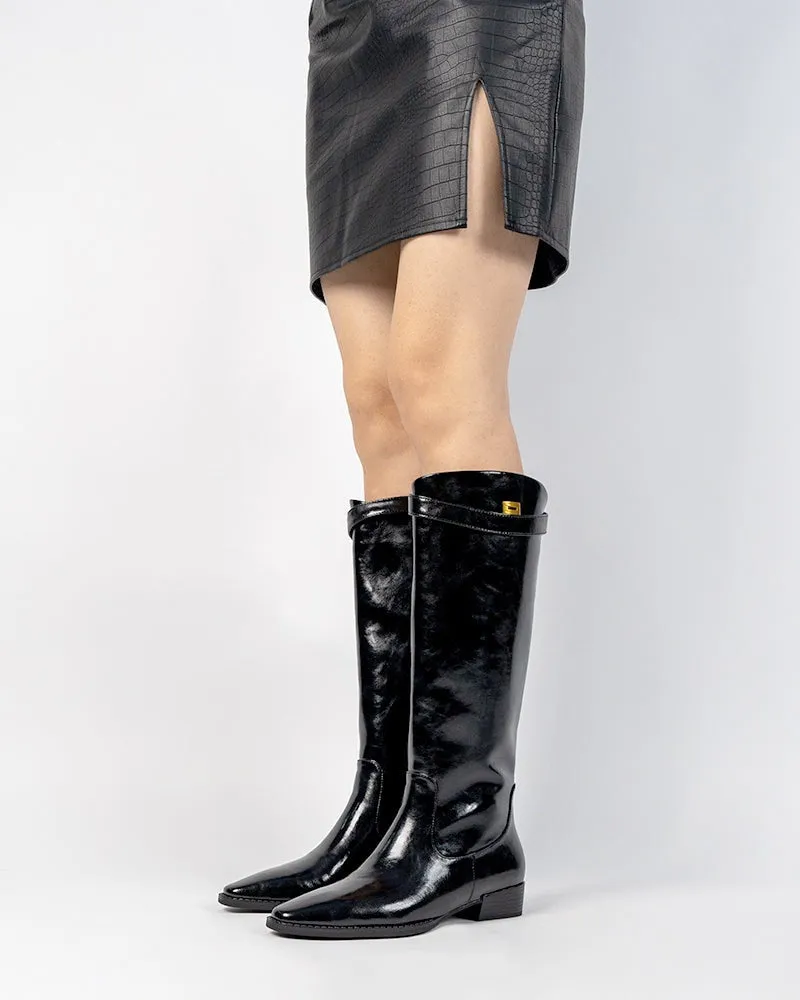 Buckle Detail Knee High Elastic Low Heel Riding Boots