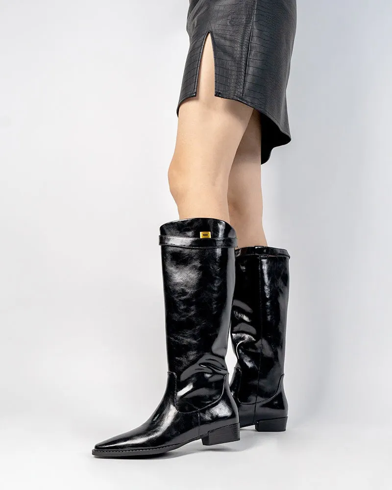 Buckle Detail Knee High Elastic Low Heel Riding Boots