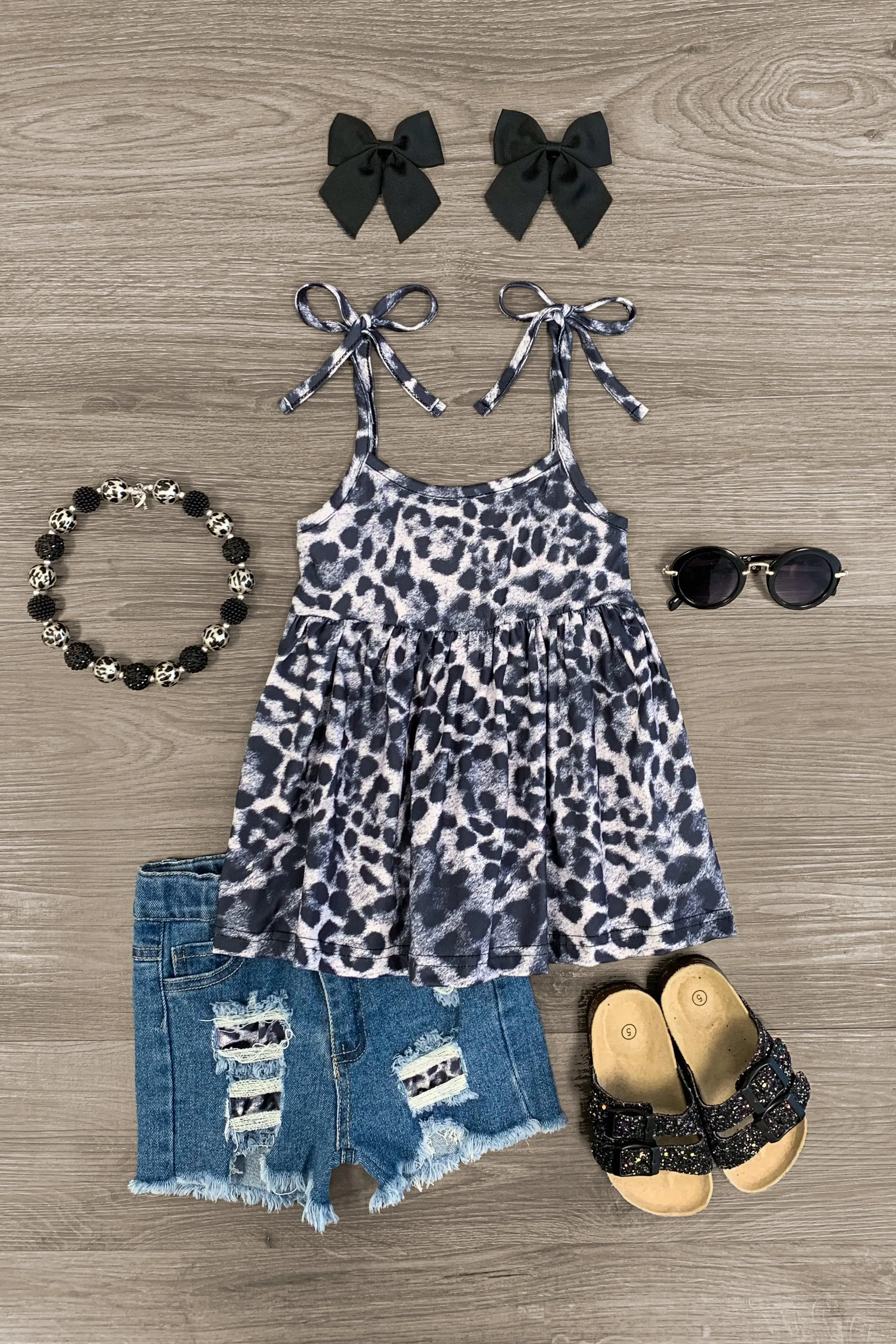 Cheetah Tie Shoulder Denim Short Set