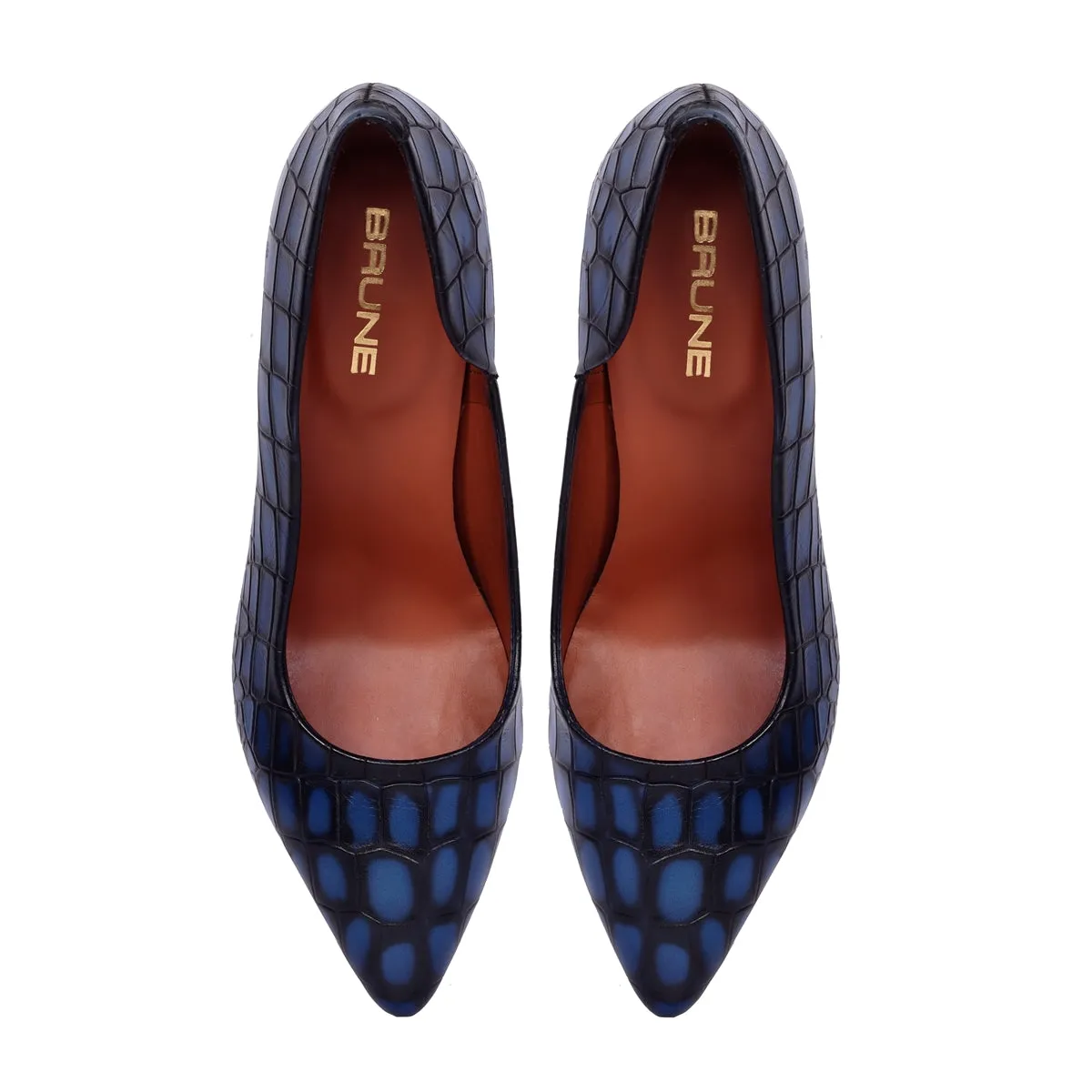 Comfort Ladies Fluted High Heel Pumps Smokey Blue Pointed Toe Croco Textured Leather Footwear By Brune & Bareskin