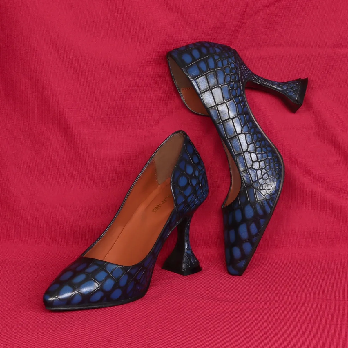 Comfort Ladies Fluted High Heel Pumps Smokey Blue Pointed Toe Croco Textured Leather Footwear By Brune & Bareskin