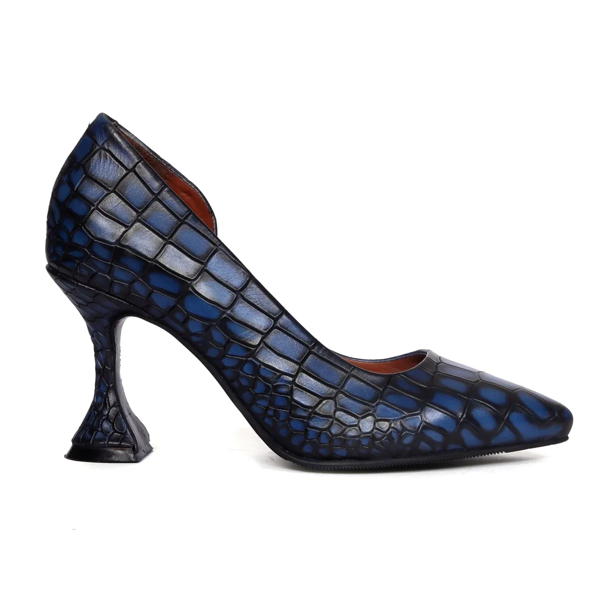 Comfort Ladies Fluted High Heel Pumps Smokey Blue Pointed Toe Croco Textured Leather Footwear By Brune & Bareskin